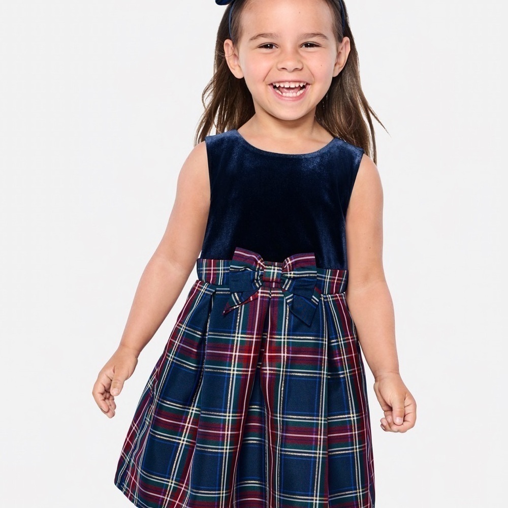 Toddler Girl Plaid Velour Christmas Dress - Picture 3 of 8